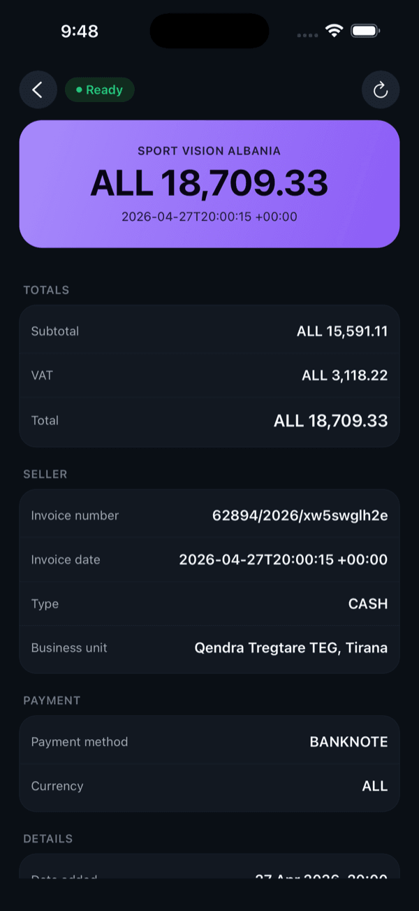 Detail view of a Sport Vision Albania invoice showing totals, seller, and payment.