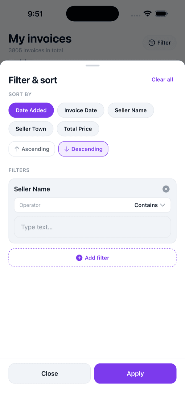 My Invoices list with the filter and sort modal open.