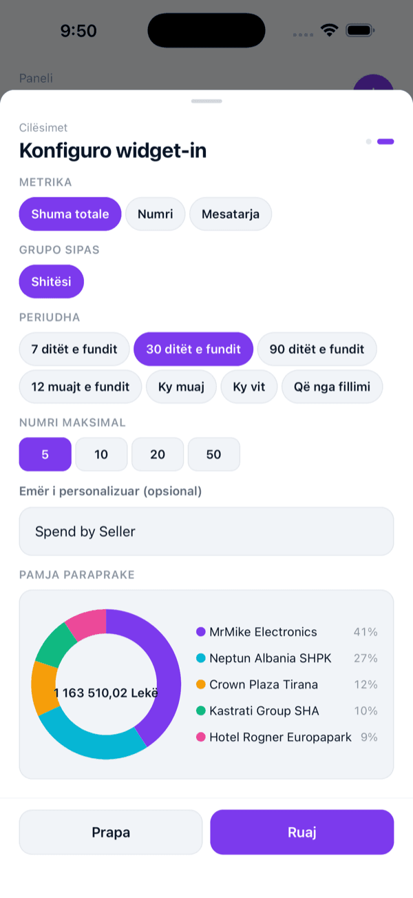 Modali për konfigurimin e widget-it me parapamje të një grafiku byrek.